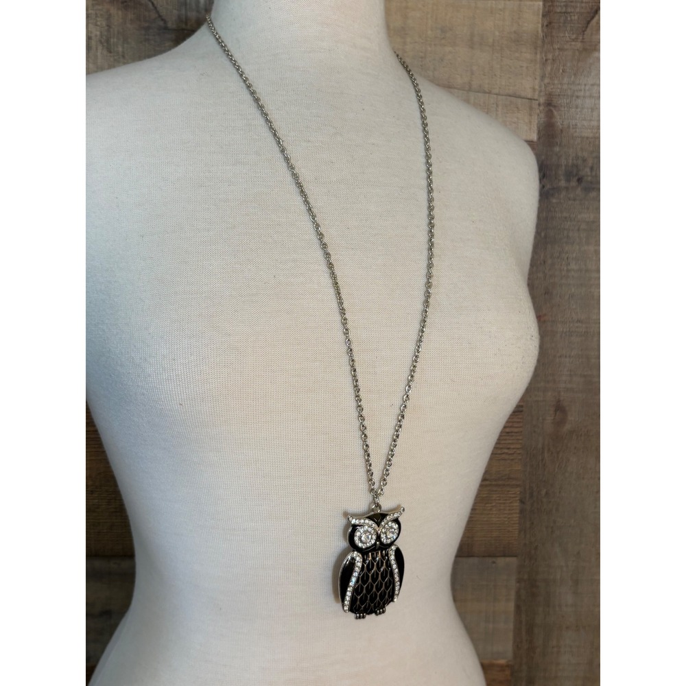 Silver Tone Black Enamel Rhinestone Owl Pendant Long Chain Necklace